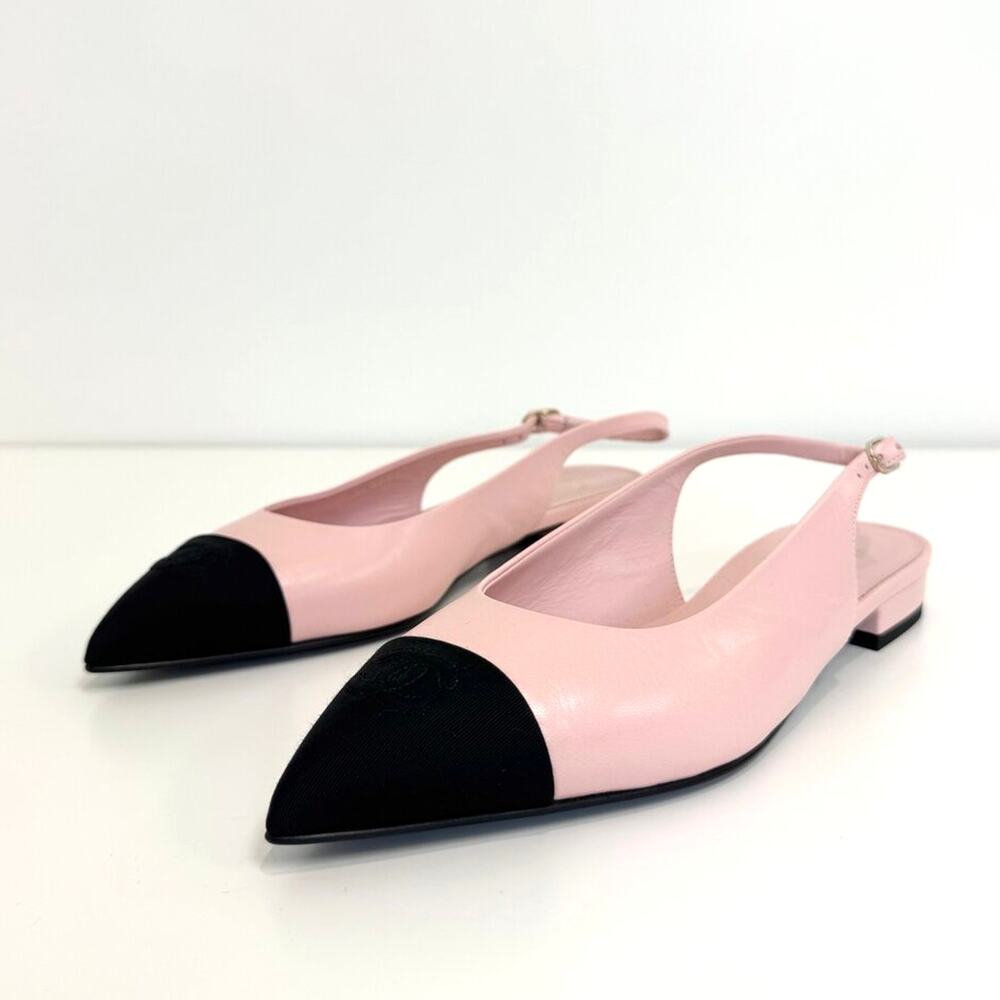CHANEL Pink Leather Pointed Black CC Cap Toe Slingback Flats 38 NEW Logo Shoes